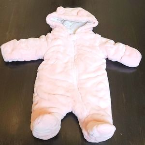 Snow suit.Light pink with heart pattern. Teddy bear ear hood front zipper close.
